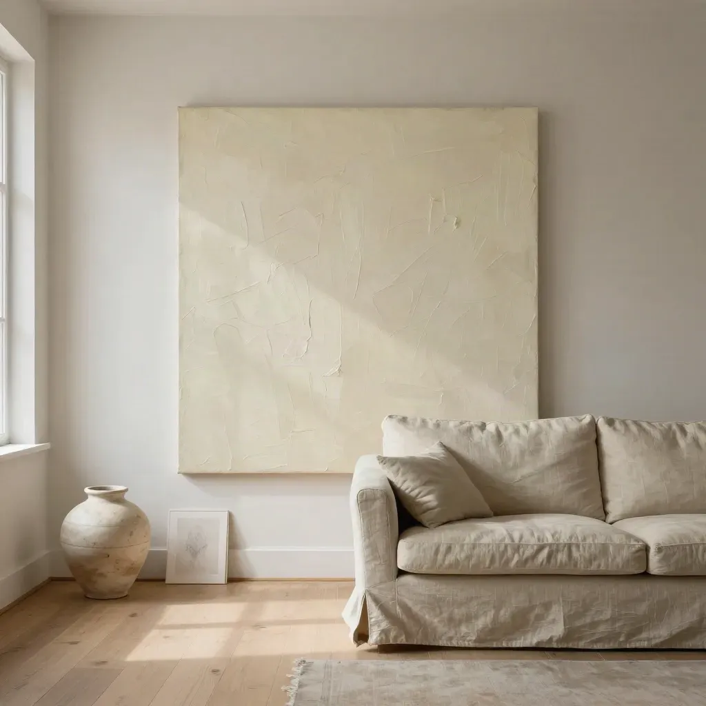 Original painting in an ivory living room with linen sofa, vase, and stacked studies.