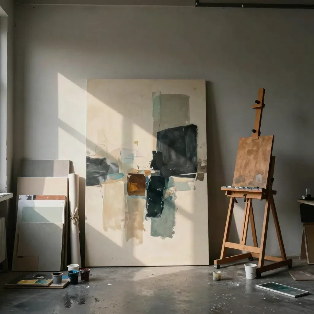 Cinematic art studio corner with abstract canvas, mural rolls, tiles and easel in sunlit haze.