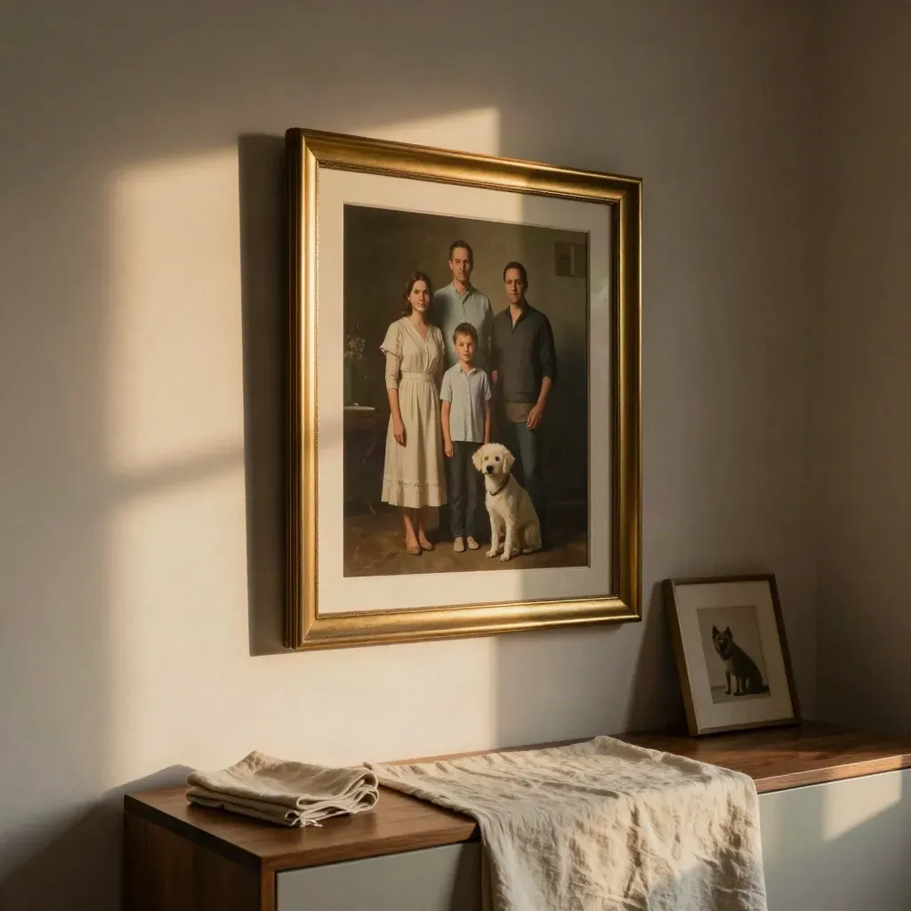Framed family portrait canvas with pet study on a pale sideboard, warm sidelight, cozy studio wall