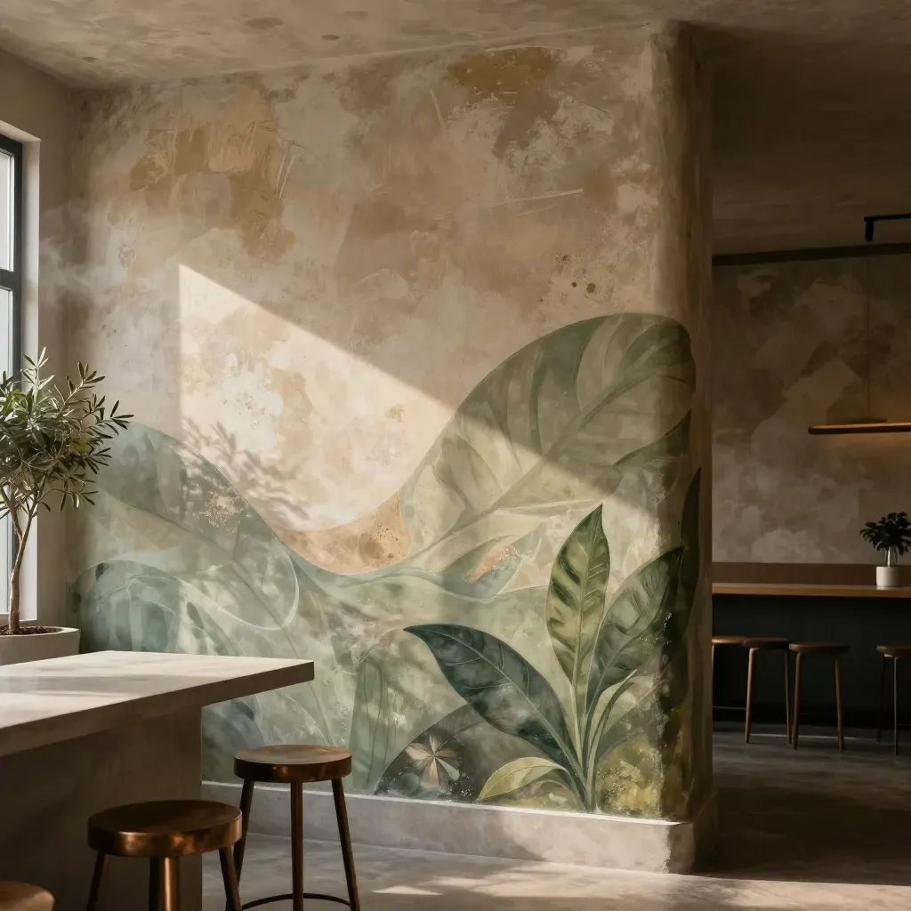 Moody cafe interior with a monumental hand-painted mural, stools, planters, and a concrete counter.