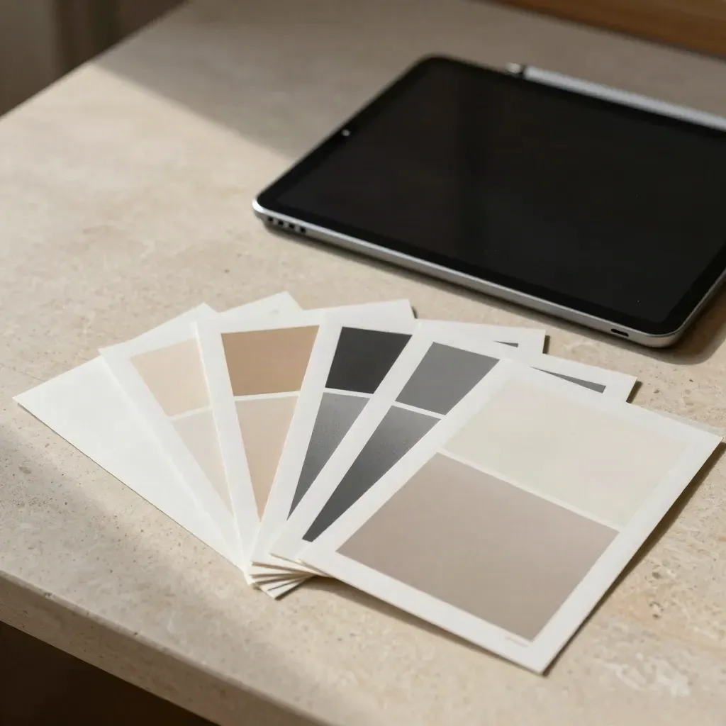 Printed illustration proofs, off-screen tablet, stylus, and paper samples on a travertine studio surface.