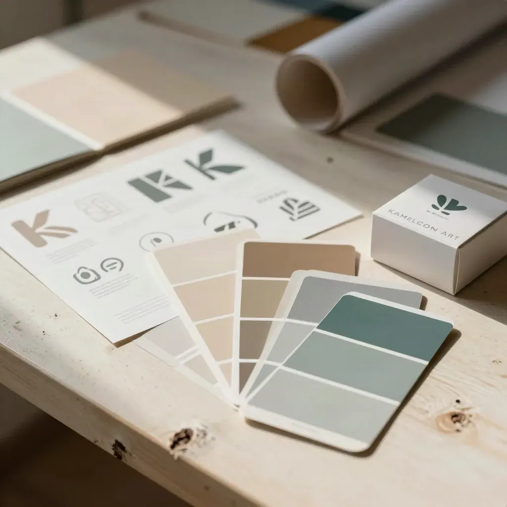 Brand identity papers, swatches, icon sheets, and a teal-accent box mockup on a studio table.