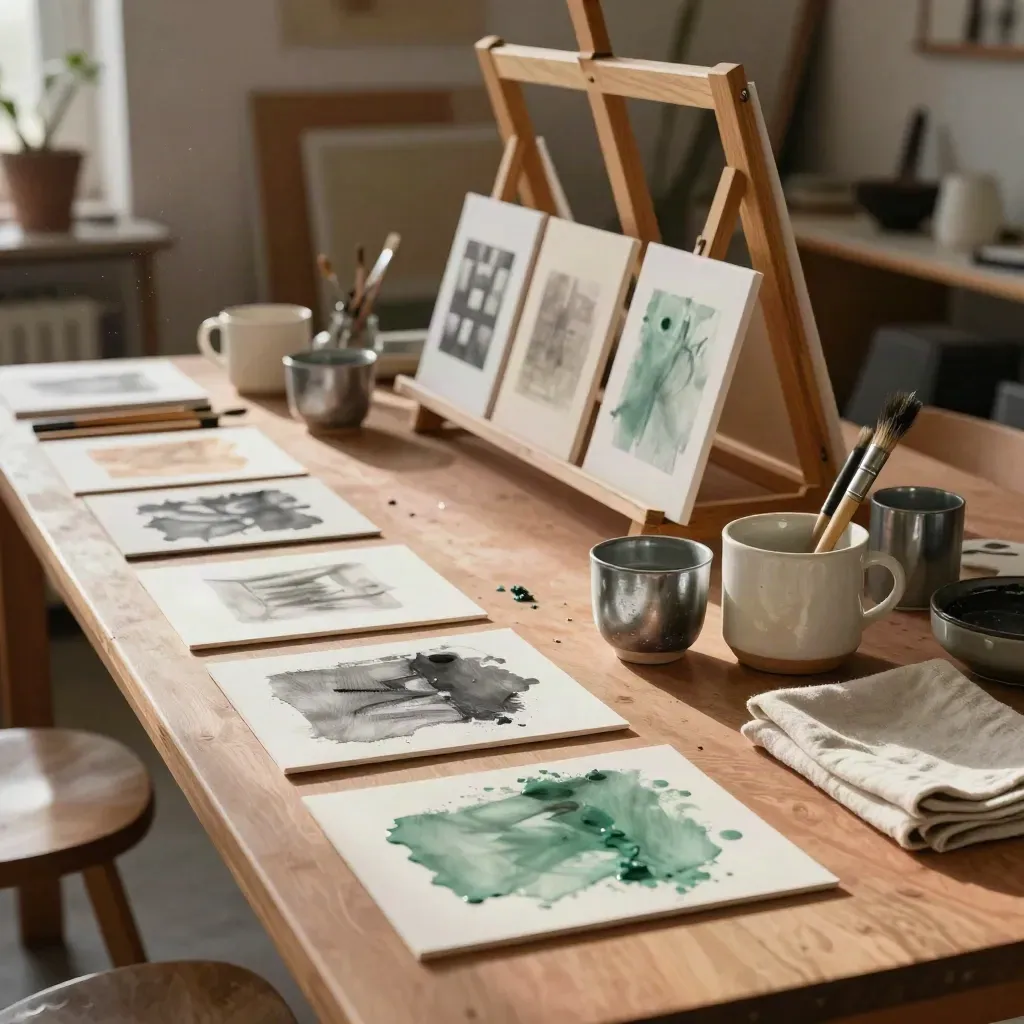 Fresh art workshop materials drying on a communal table in a warm studio