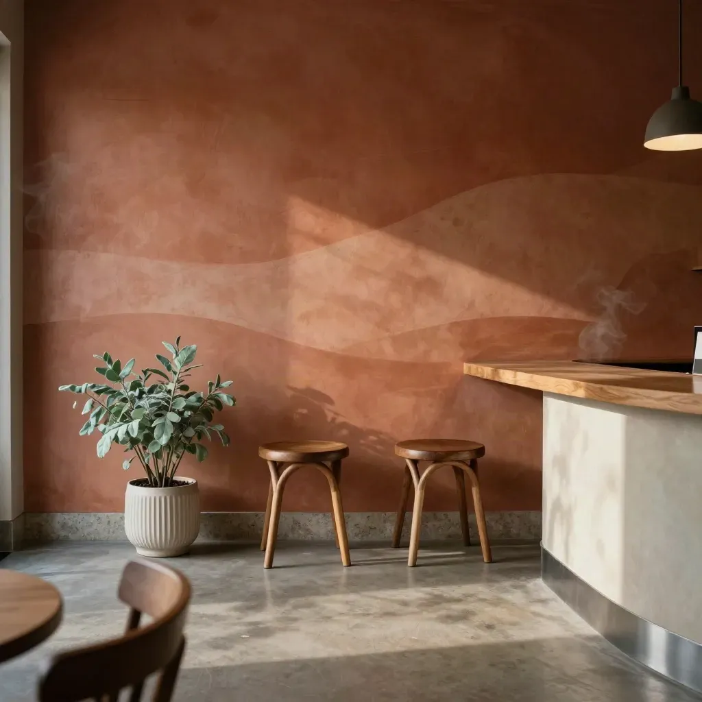 Wide cafe corner with terracotta mural, bentwood stools, planter, and morning light.