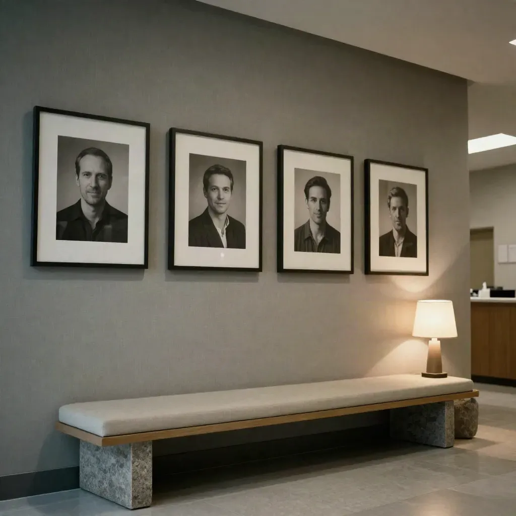 Four framed clinic canvases above a pale bench, with a stone planter and warm lamp glow.