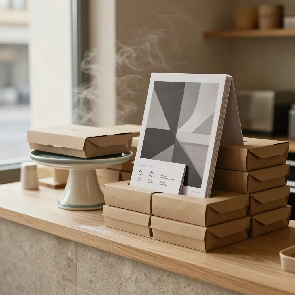 Bakery shelf with pastry boxes, abstract poster art, icon cards and a teal-glazed riser in steam.