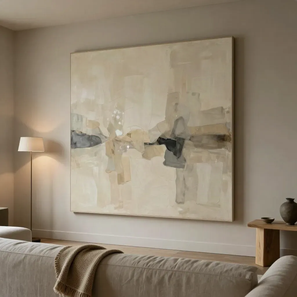 Large custom canvas above a linen sofa in a calm, finished living room with soft daylight.