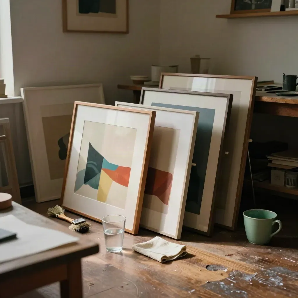 Framed workshop prints drying on racks in a warm art studio with brushes and water cups.