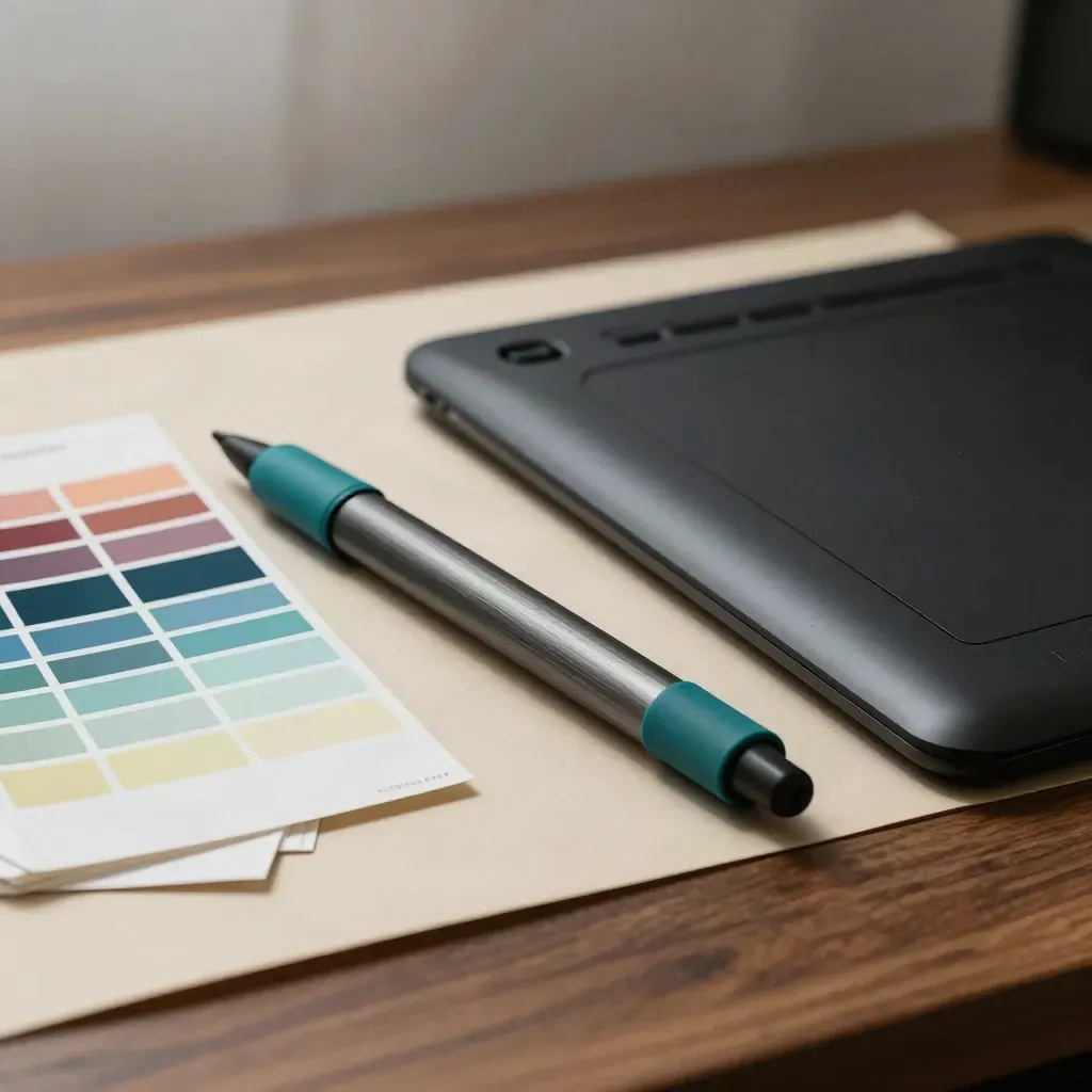 Stylus, swatches, tablet and marker strips on a walnut studio bench in dramatic light.