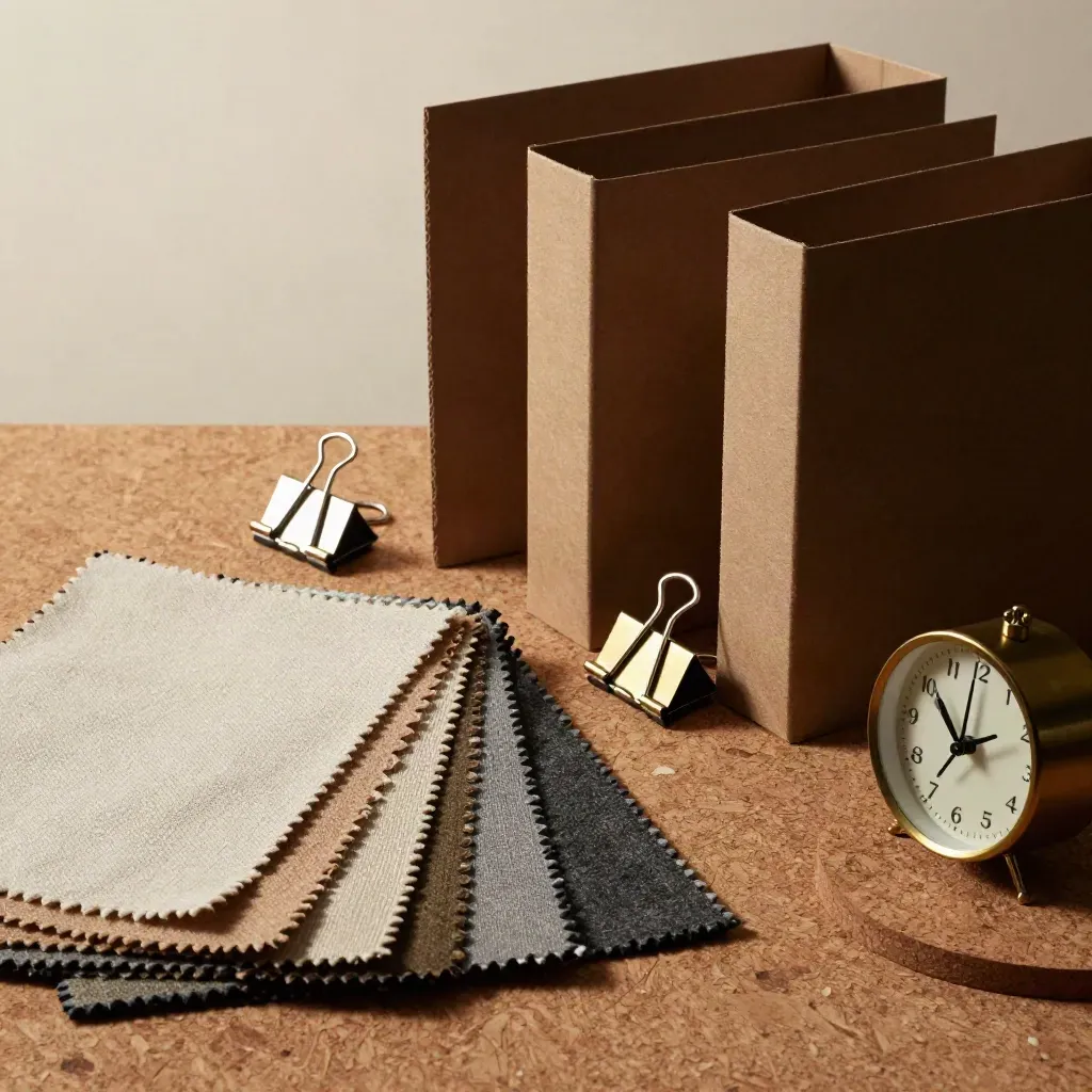 Archival sample boxes, binder clips, swatch fan, and brass clock on cork mat