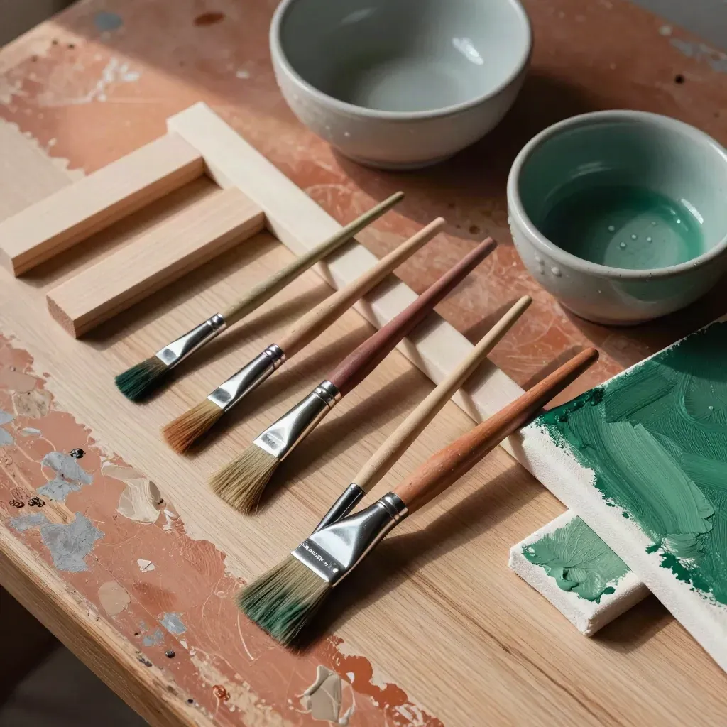 Overhead workshop still life with brushes, rinse bowls, print bars and drying canvas panels.