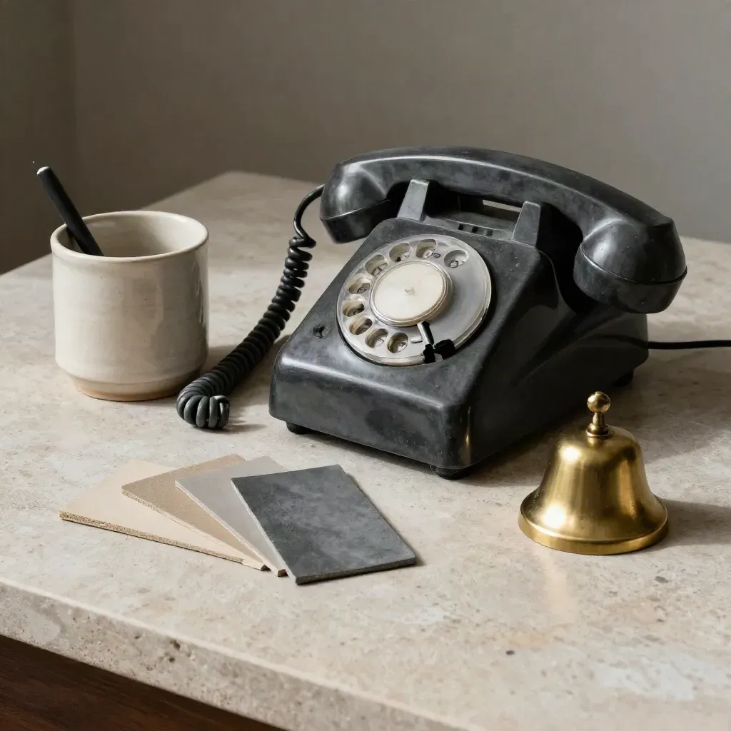 Charcoal vintage phone with color chips, ceramic cup and brass bell on a pale stone desk
