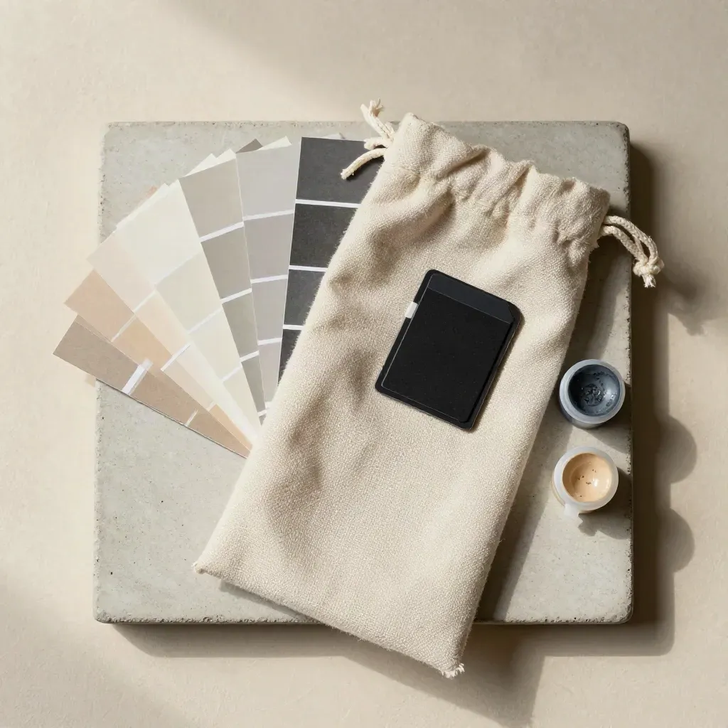 Overhead tray flatlay of a linen pouch, swatches, memory card, and paint pots on pale stone.