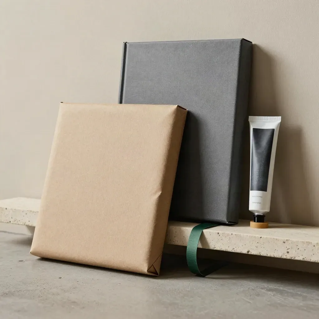 Wrapped canvas, portfolio box, and print tube on a stone shelf with soft side light.