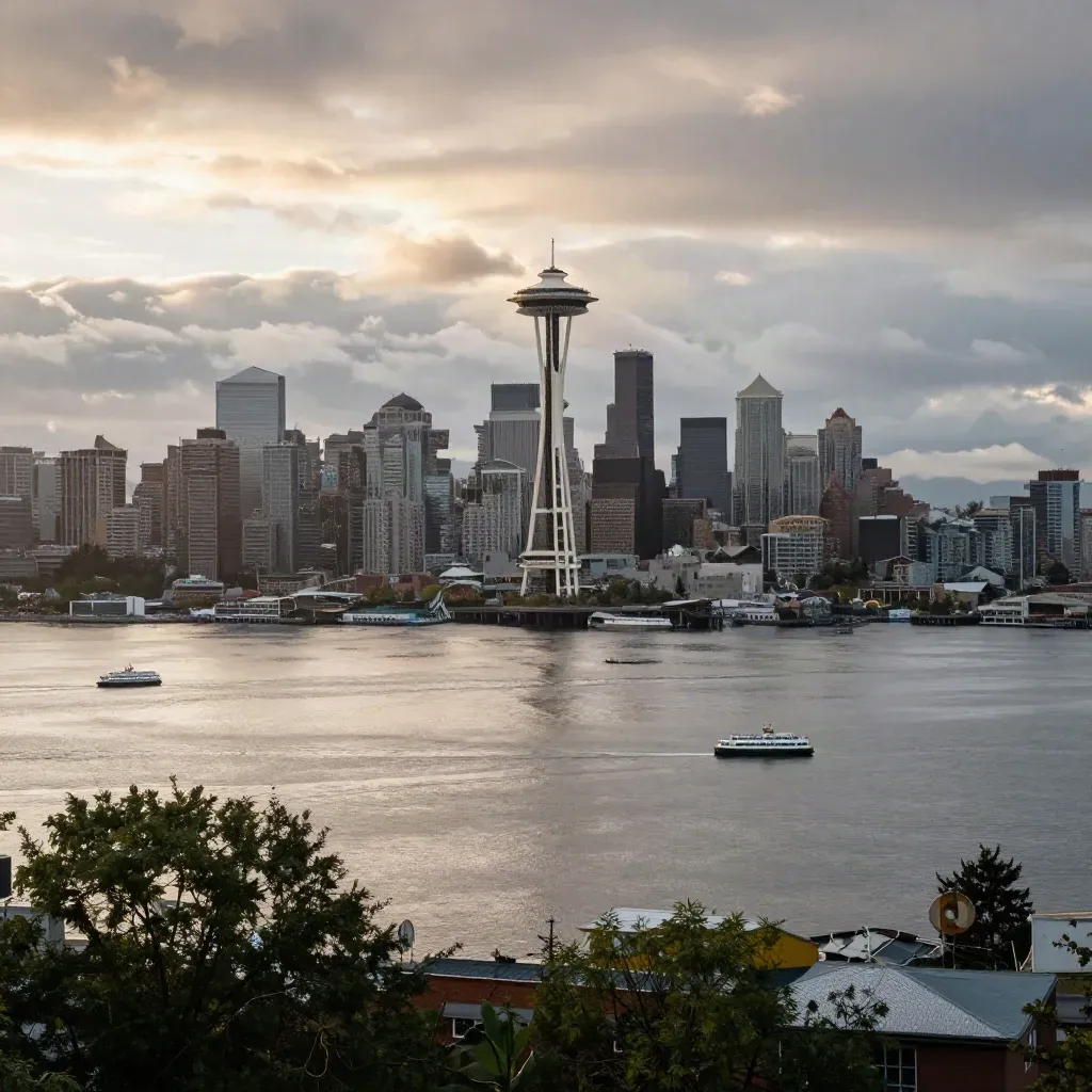 Seattle skyline over Elliott Bay after rain at golden hour, silver water and hazy hills