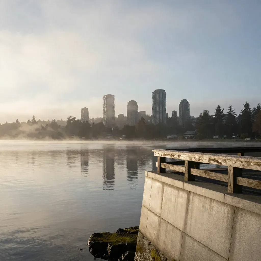 Bellevue towers over glassy Lake Washington in morning fog, Mercer Island softened beyond.