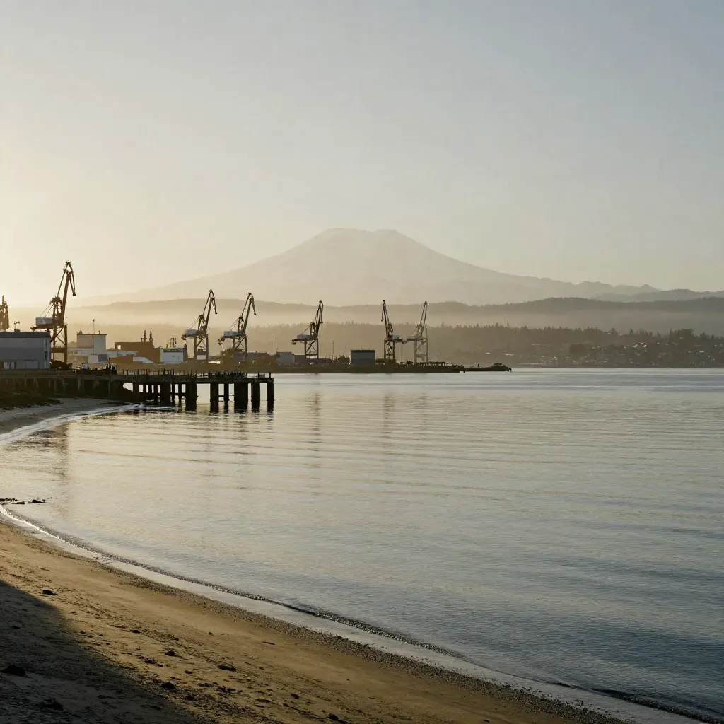 Tacoma harbor at dusk with faint Rainier above reflective tide flats
