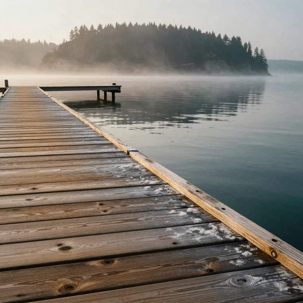 Cedar dock planks by calm Everett water at dawn, with a misty fir-covered bluff.